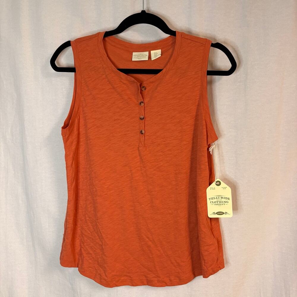 NWT Telluride Clothing Pima Cotton Sleeveless Henley Tank Top Orange Small